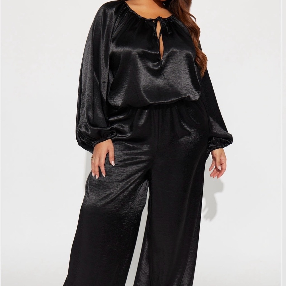 Fashion Nova Black Satin Long Sleeve Jumpsuit
